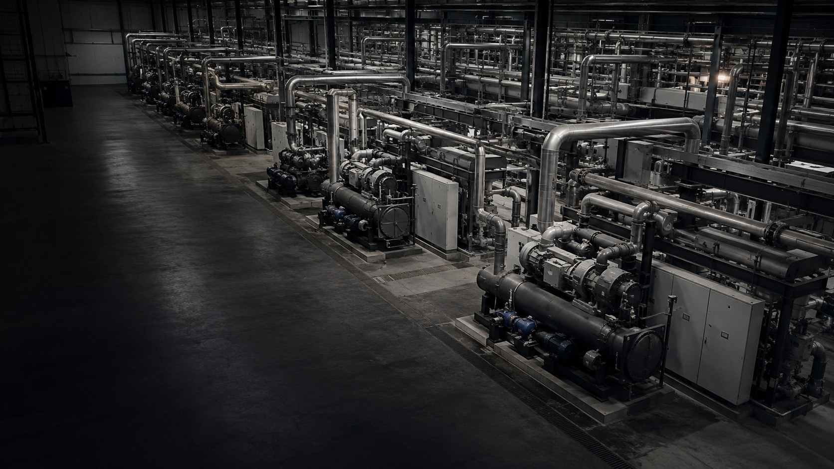 Wide interior of a mechanical plant room with ranks of chillers, pumps and pipework