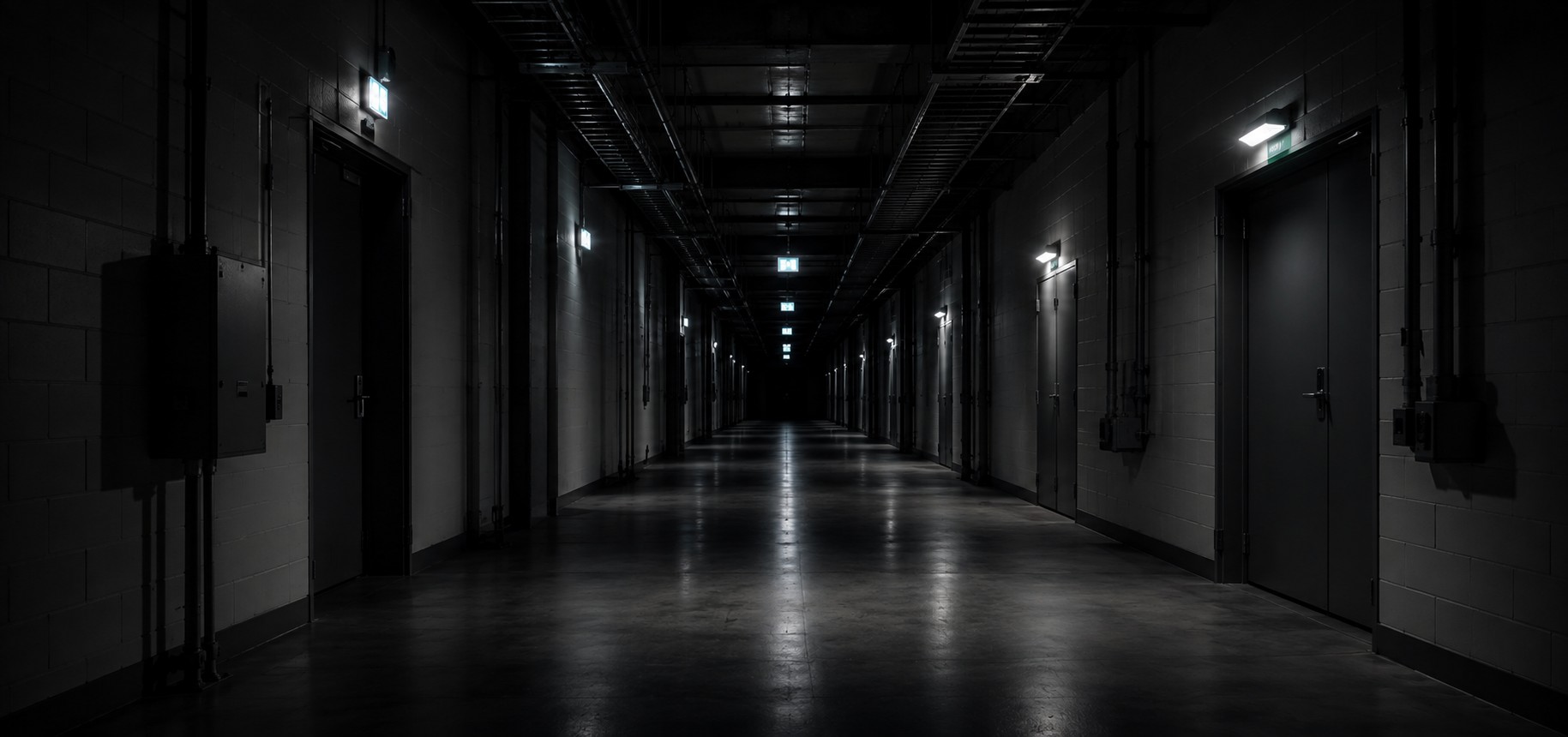 Empty service corridor lit only by emergency lighting, receding into darkness