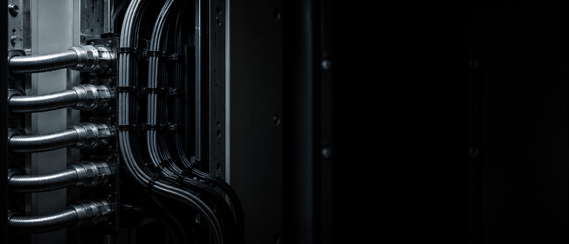 Close view of dressed cable looms and conduit entering a distribution enclosure
