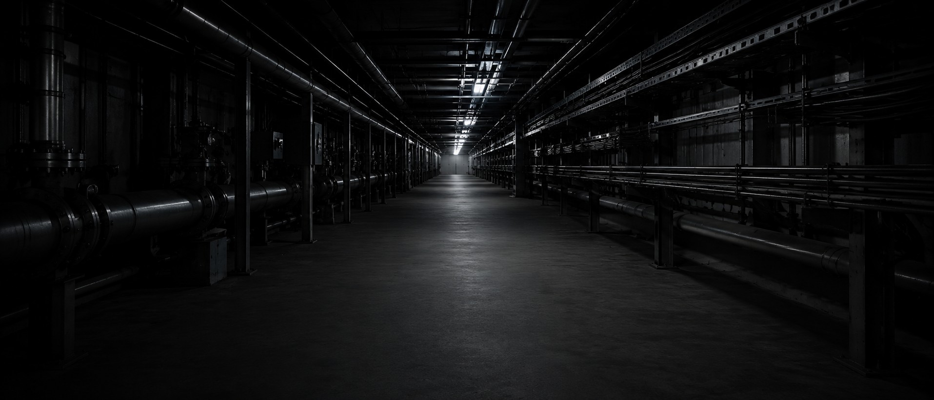 Long plant-room corridor lined with pipework and cable tray, receding into the distance