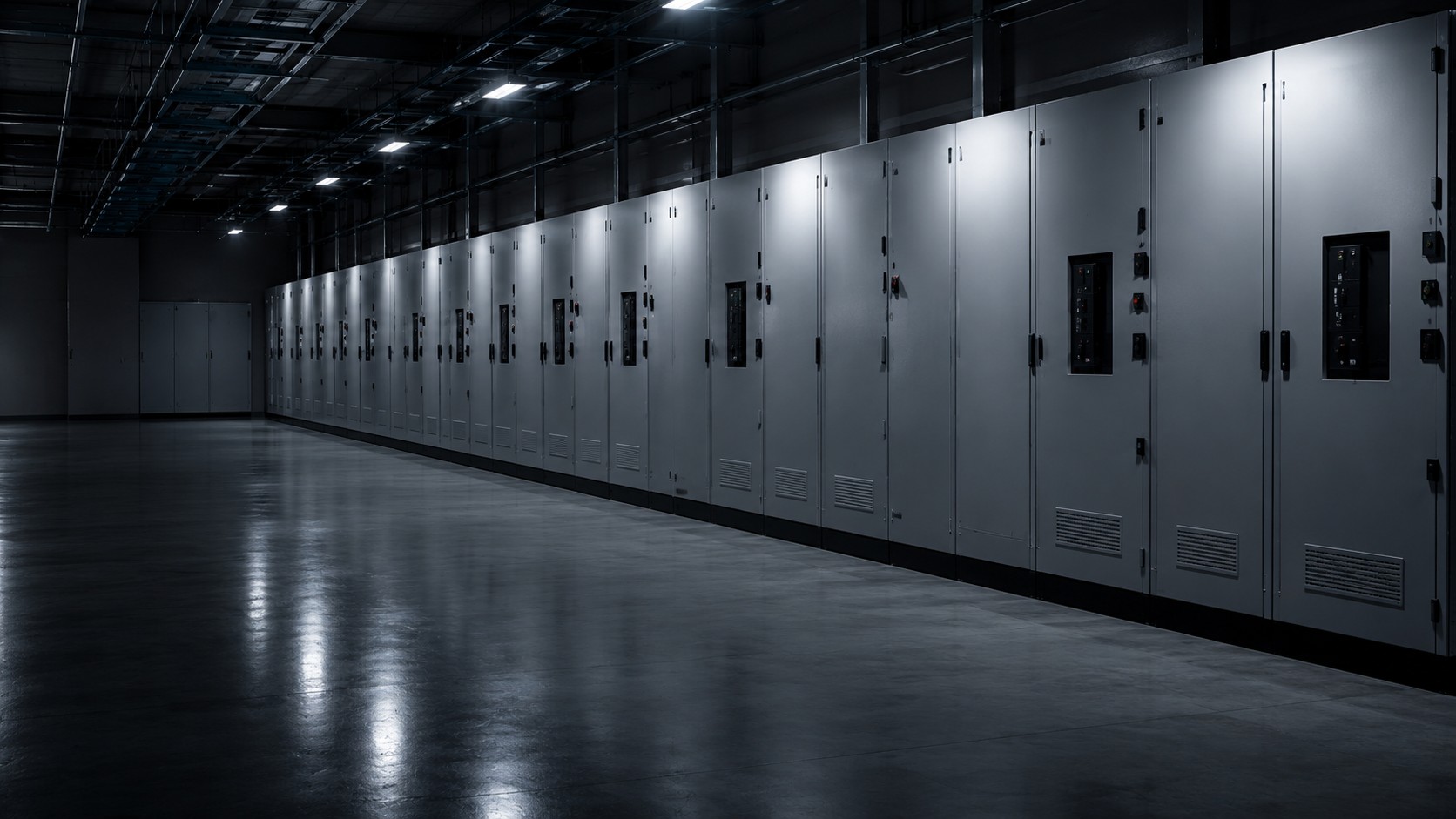 Row of tall electrical and control panels in a clean technical room